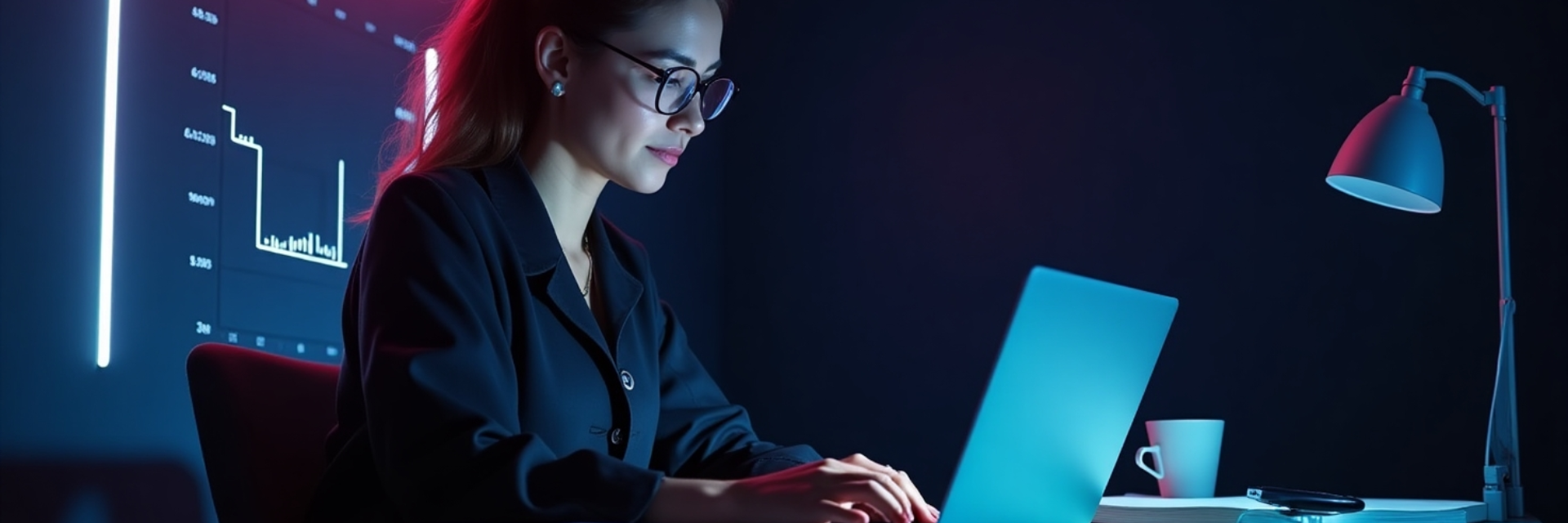 Consultora freelance trabajando con inteligencia artificial y luz digital, Simplia