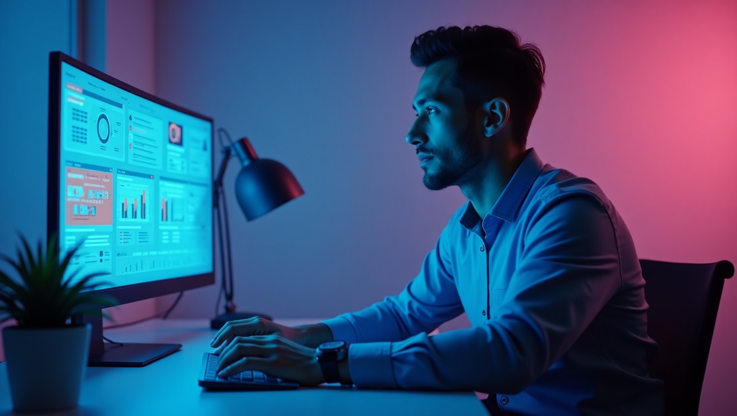 Ejecutivo observando gráficos y paneles de control con IA