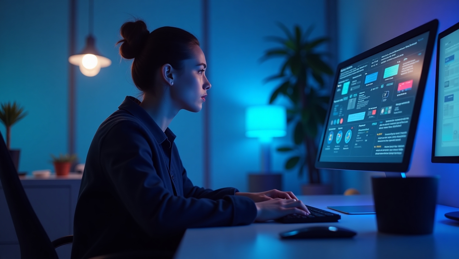 Mujer programadora interactuando con un sistema de automatización visual