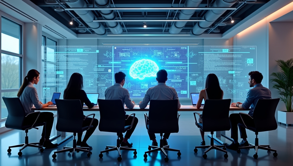 Un grupo de profesionales colaborando en un proyecto de IA